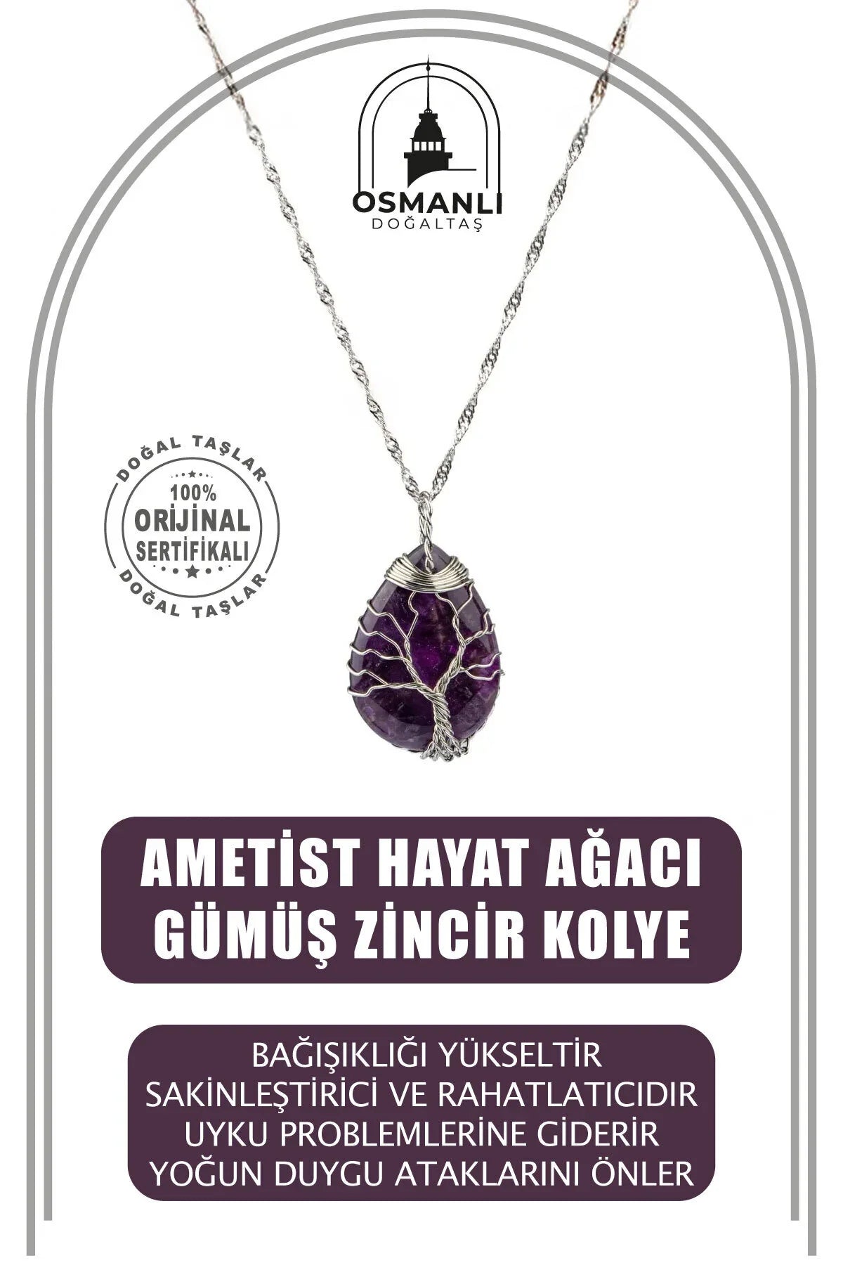 Ametist Hayat Ağacı Doğal Taş Gümüş Zincir Kolye