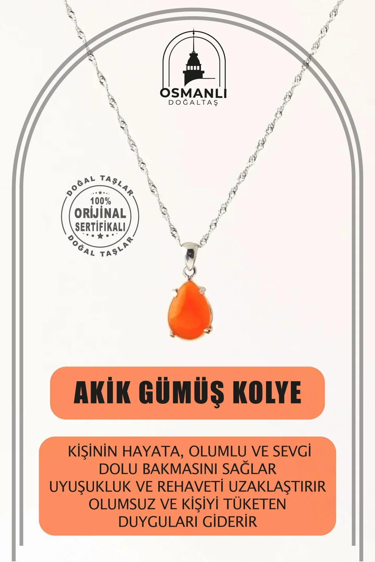 Akik Doğal Taş Kolye, Gümüş Zincir