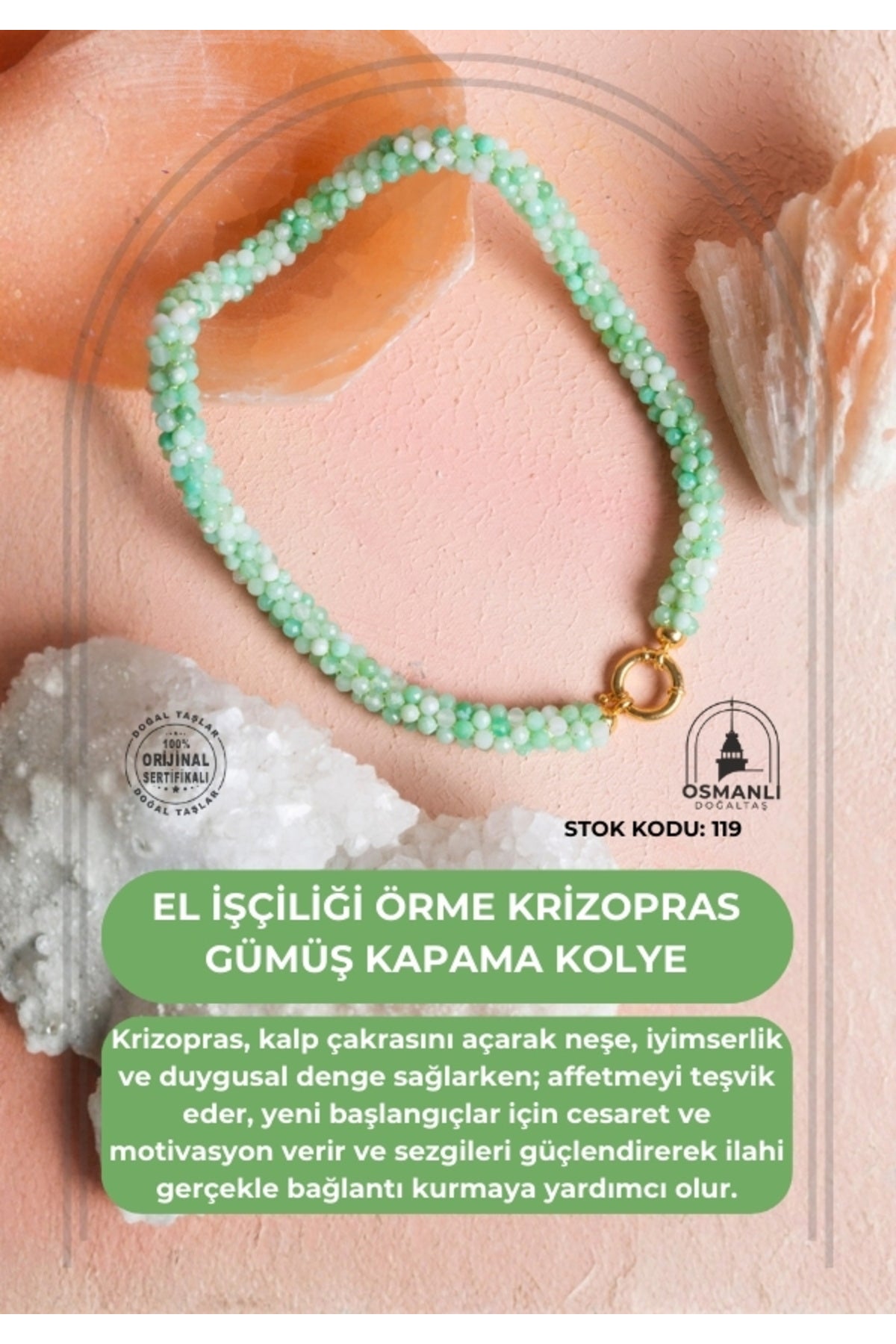 Sertifikalı El İşçiliği Örme Krizopras Gümüş Kapama Kolye (SK:119)
