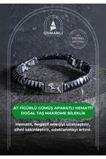 Sertifikalı At Figürlü Gümüş Aparatlı Hematit Doğal Taş Makrome Bileklik