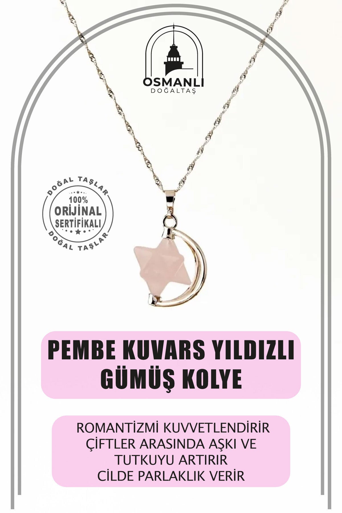 Pembe Kuvars Doğal Taş Yıldızlı Kolye, Gümüş Zincir
