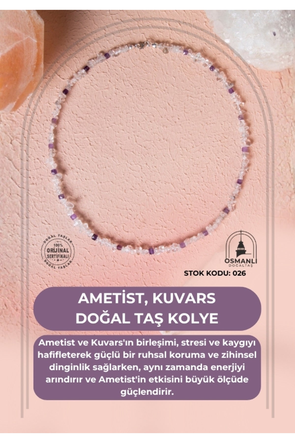 Sertifikalı Ametist, Kuvars Doğal Taş Kolye (SK:026)