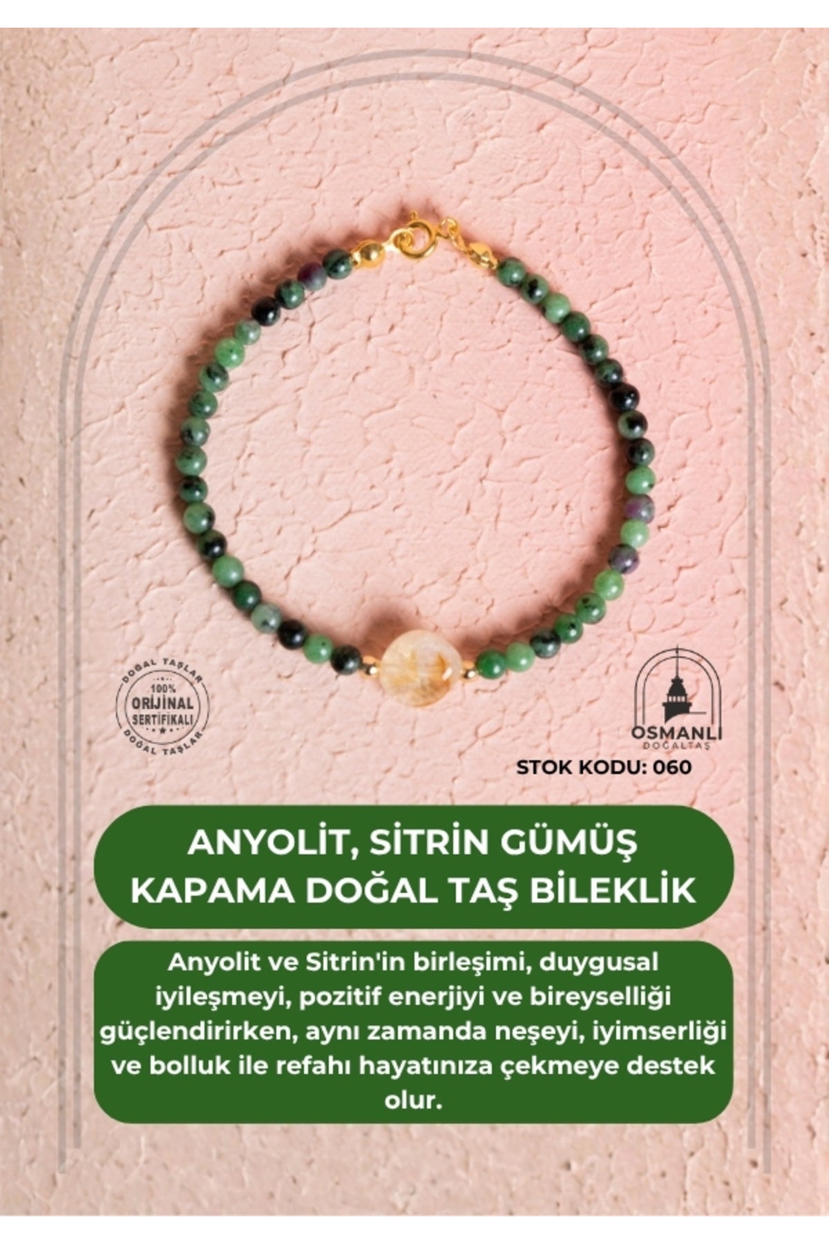 Sertifikalı Anyolit, Sitrin Gümüş Kapama Doğal Taş Bileklik (SK:060)