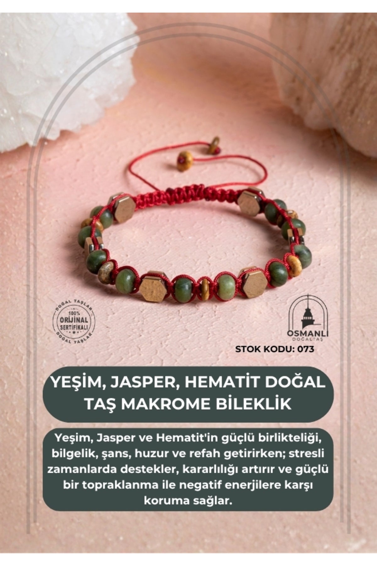 Sertifikalı Yeşim, Jasper, Hematit Doğal Taş Makrome Bileklik (SK:073)