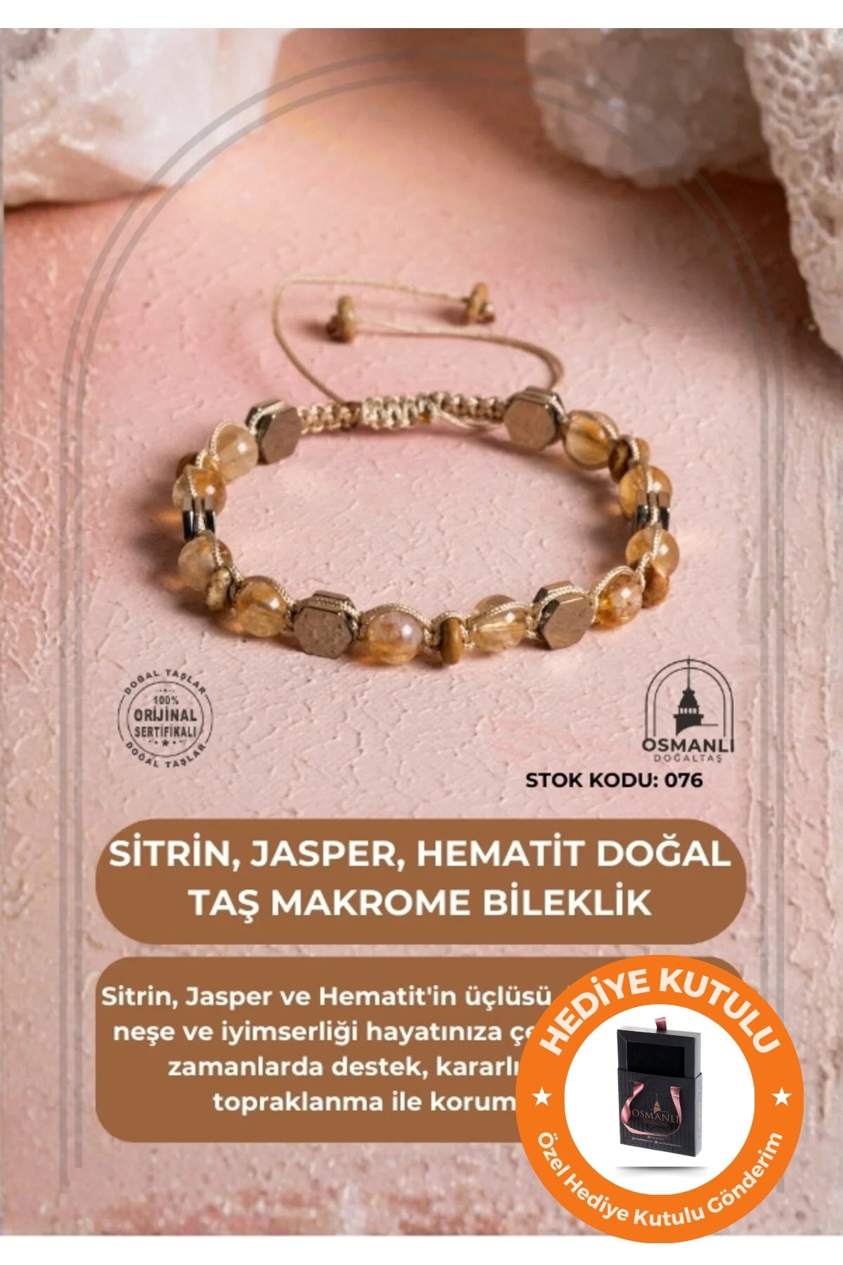 Sertifikalı Sitrin, Jasper, Hematit, Doğal Taş Makrome Bileklik (SK:076)