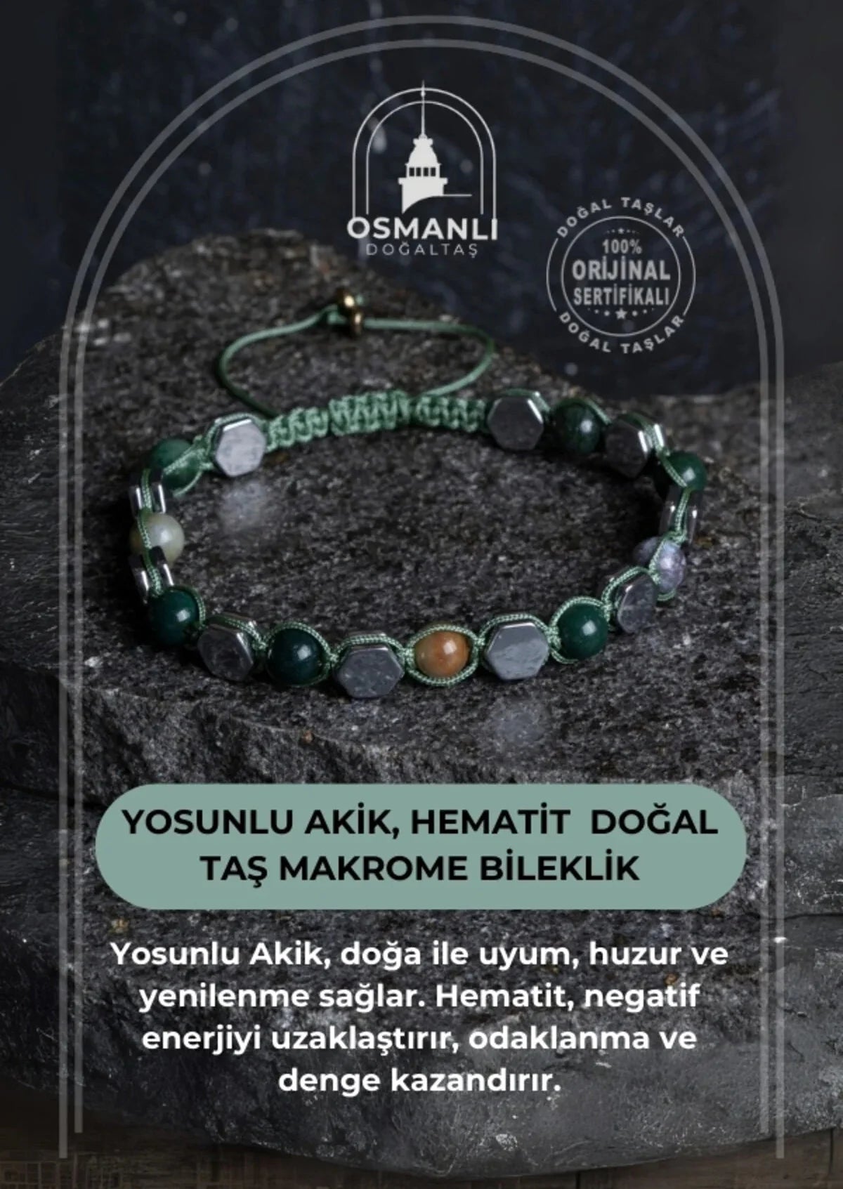 Sertifikalı Yosunlu Akik, Hematit Doğal Taş Makrome Bileklik