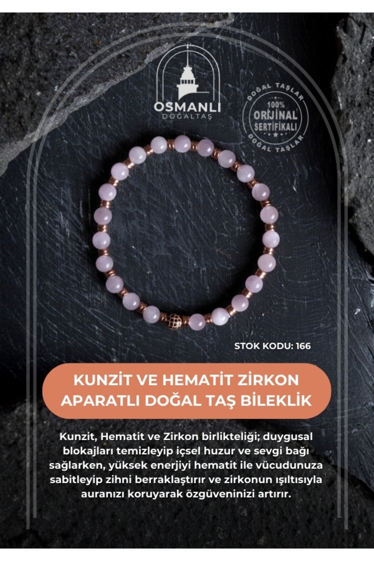 Sertifikalı Kunzit, Hematit Zirkon Aparatlı Doğal Taş Bileklik (SK:166)