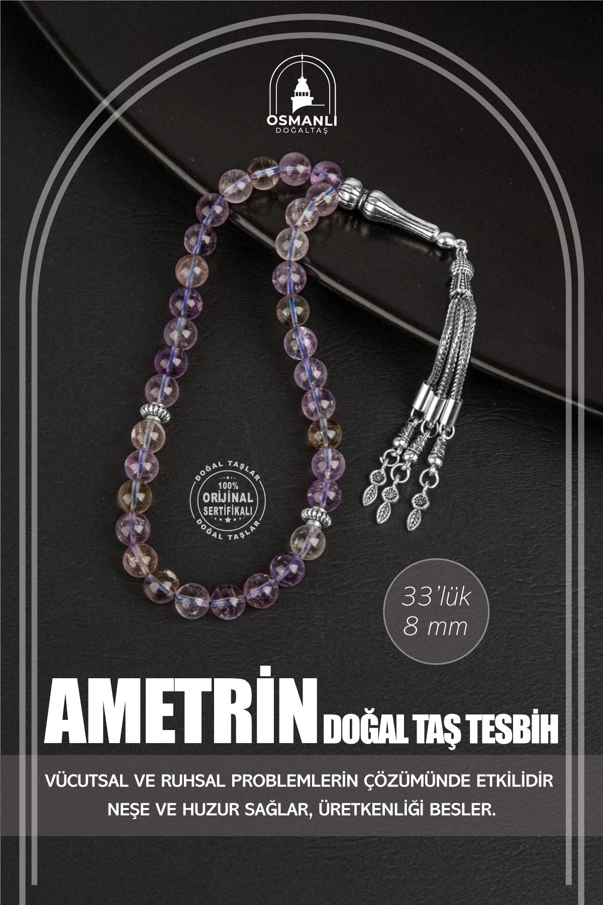Ametrin Doğal Taş Tesbih 33lük - 8mm