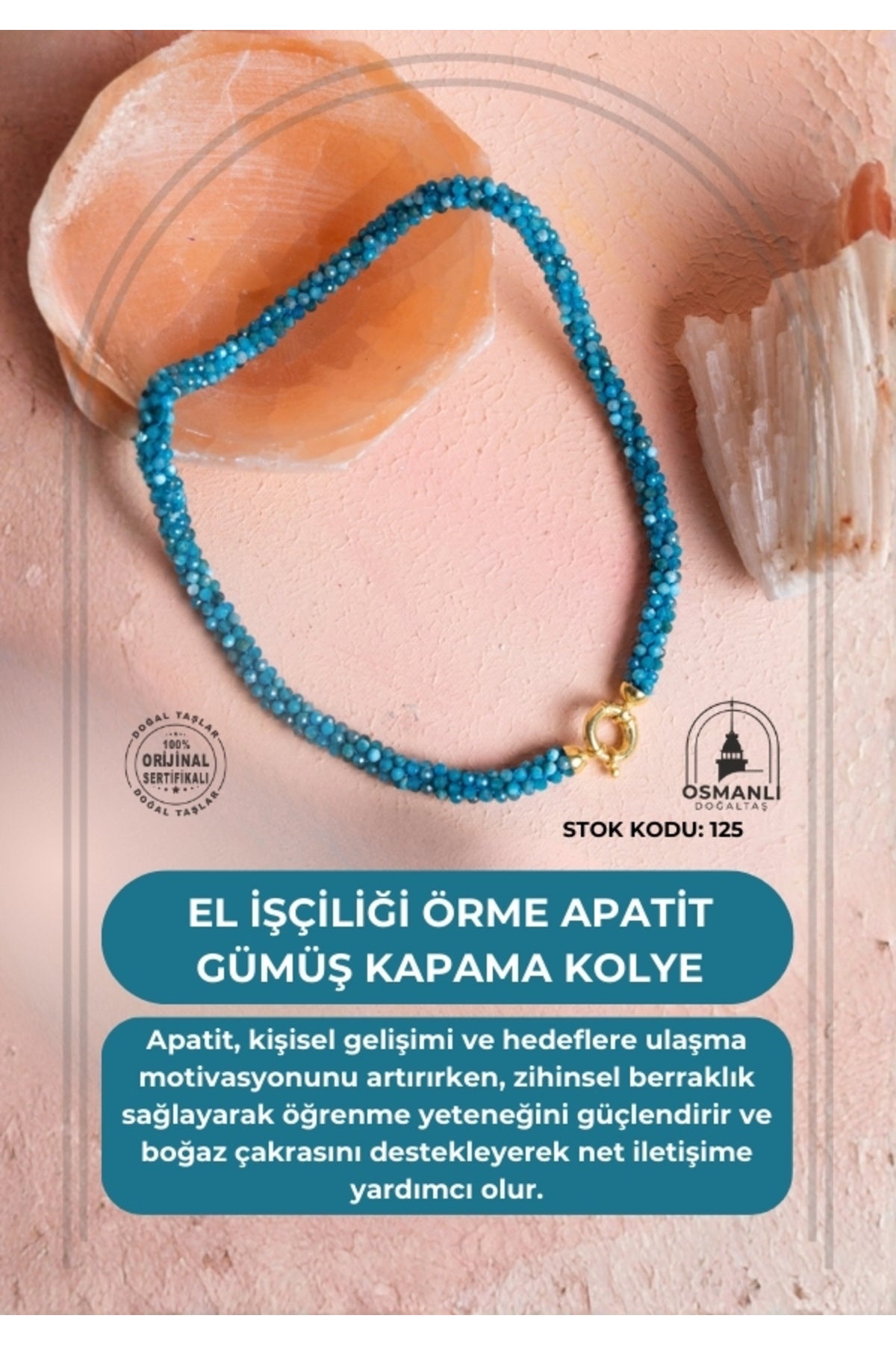 Sertifikalı El İşçiliği Örme Apatit Gümüş Kapama Kolye (SK:125)