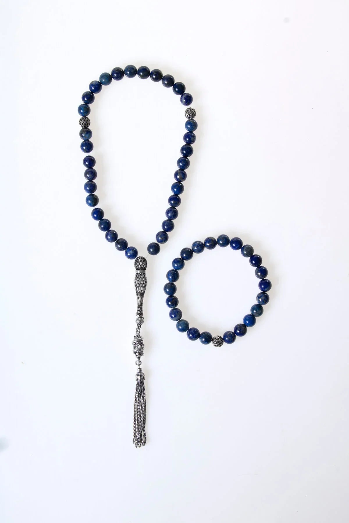 Sertifikalı Lapis Lazuli 925 Ayar Gümüş 8 mm İmameli Tesbih & Bileklik Seti