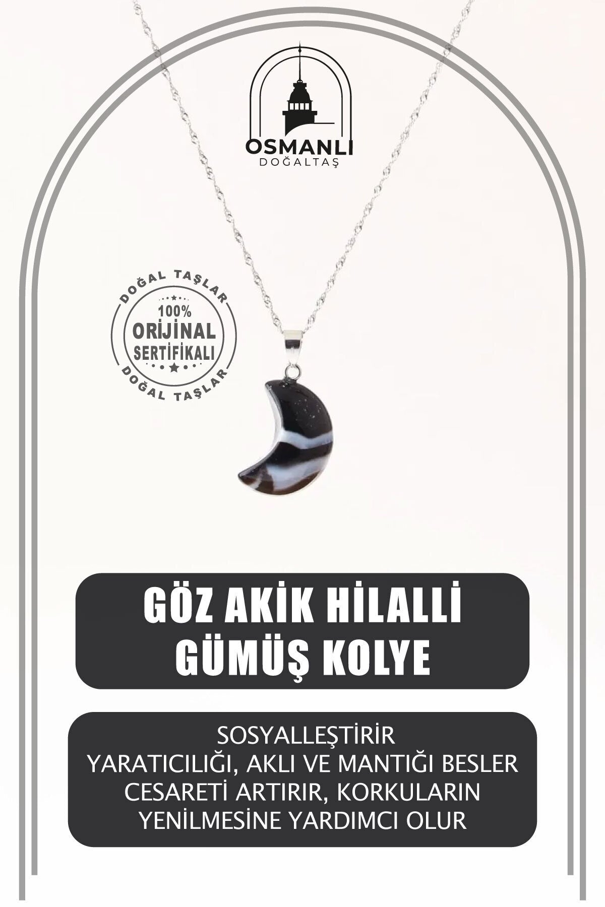 Göz Akik Doğal Taş Hilalli Kolye, Gümüş Zincir