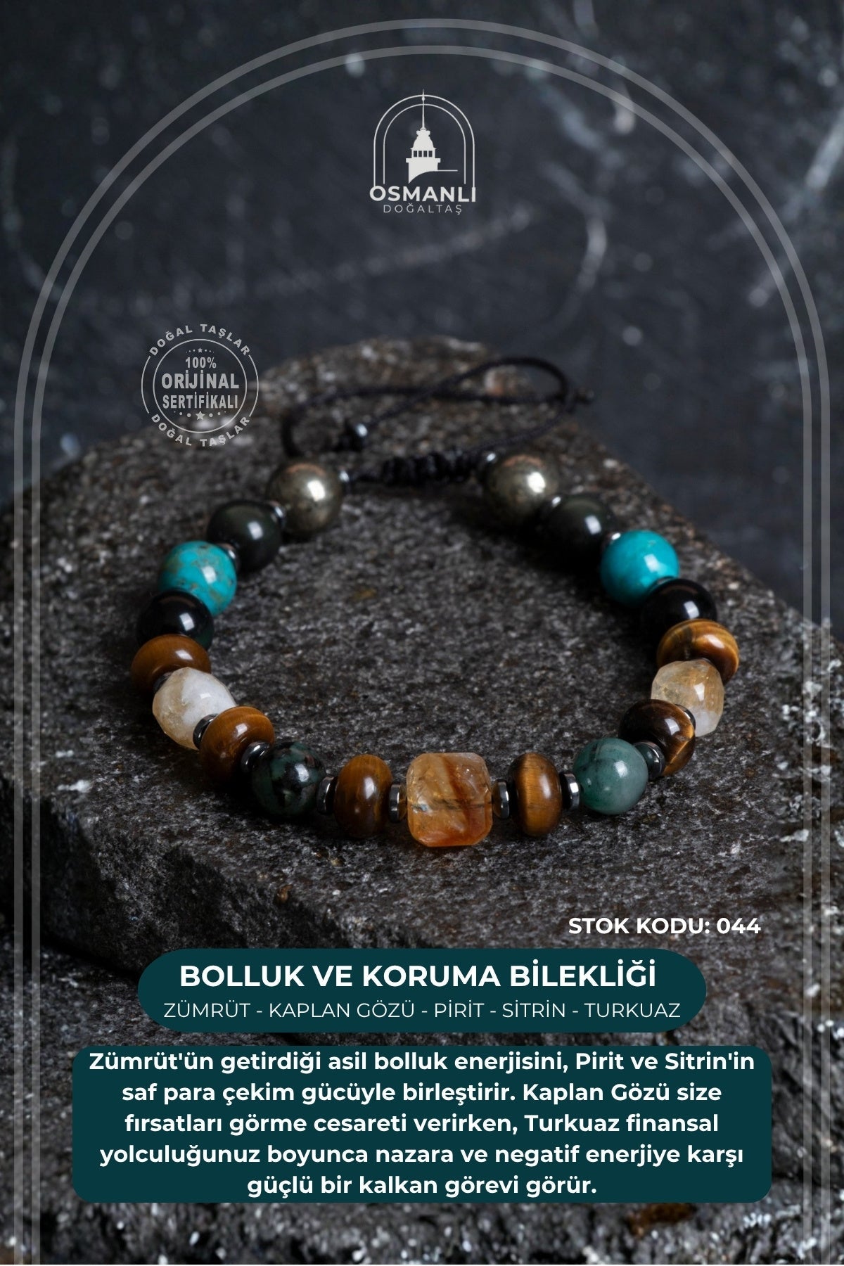 Sertifikalı Zümrüt Kaplan Gözü Pirit Sitrin Turkuaz Doğal Taş Bolluk ve Koruma Bilekliği S.K: 044