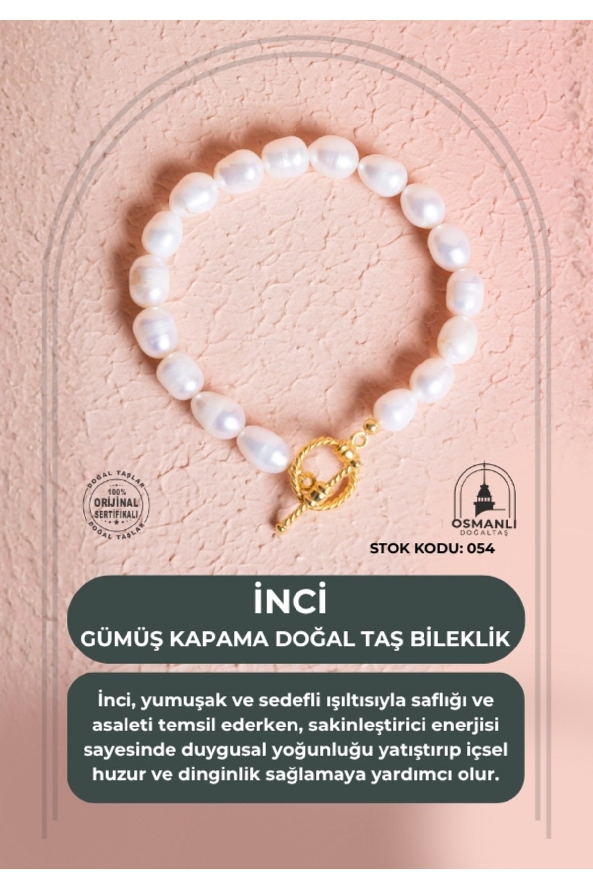 Sertifikalı Gümüş Kapama İnci Doğal Taş Bileklik (SK:054)