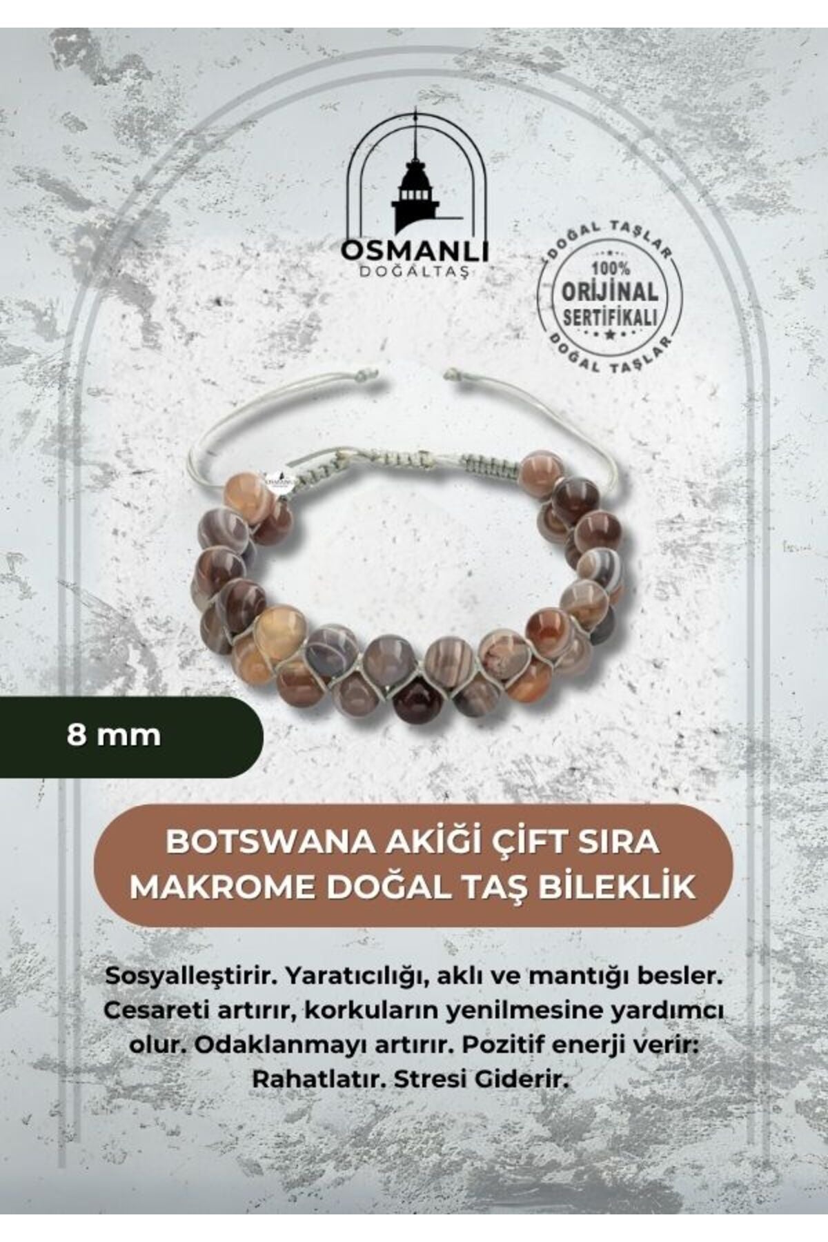 Botswana Akiği 8mm Çift Sıra Makrome Doğal Taş Bileklik