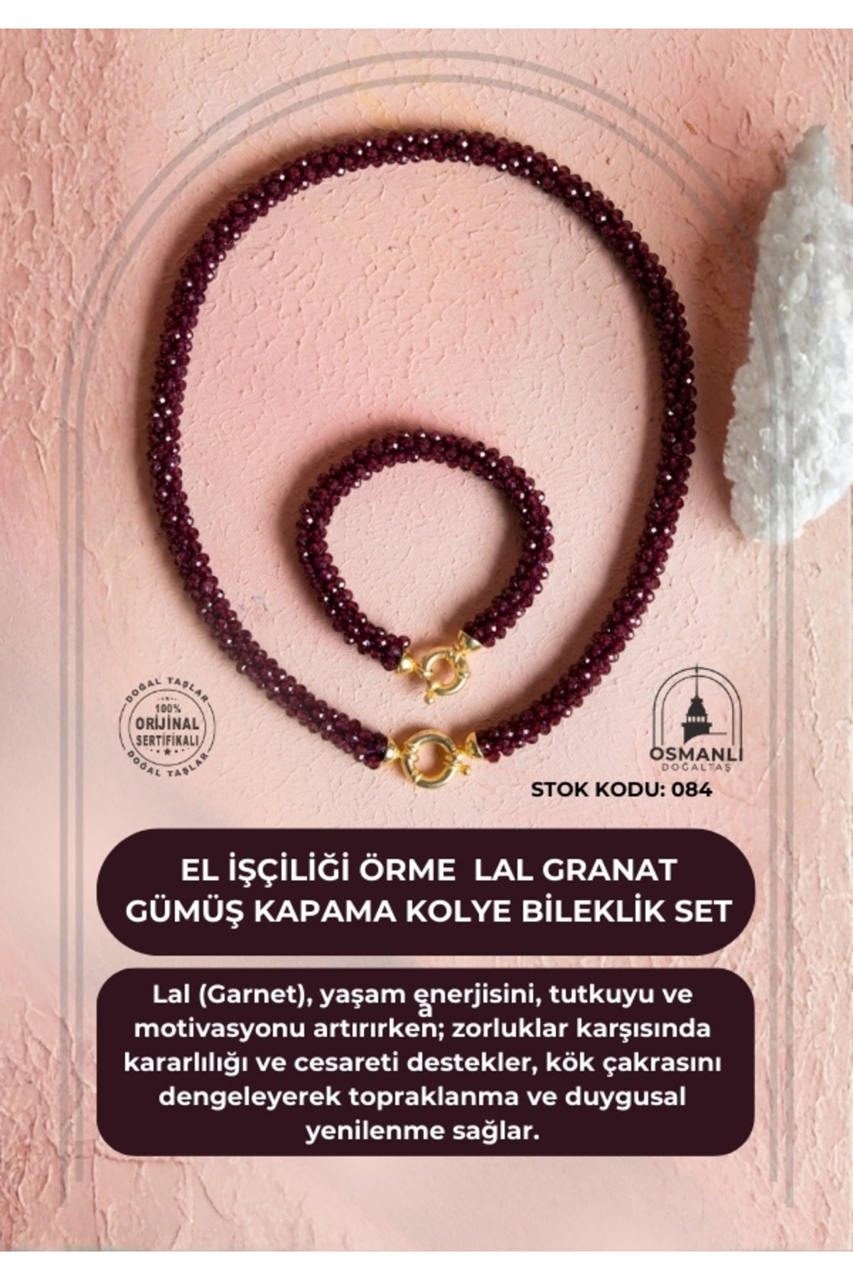 Sertifikalı El İşçiliği Örme Lal (Granat) Gümüş Kapama Kolye & Bileklik Seti (SK:084)