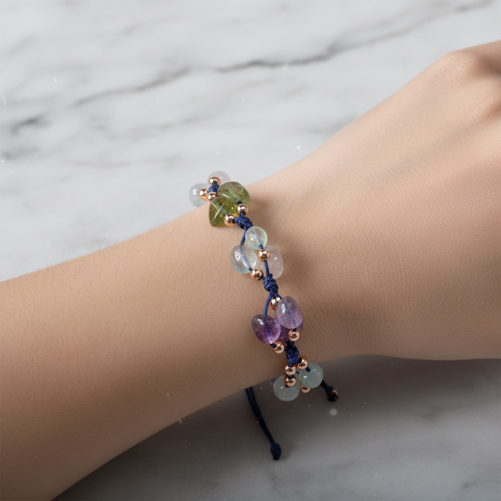 Kova Burcu Doğal Taş Makrome Bileklik – Akuamarin, Ametist, Ay Taşı, Kalsedon, Labradorit, Mor Florit, Yeşim – Özel Tasarım