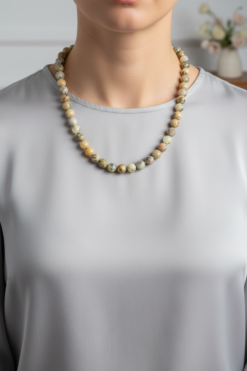 Sarı Opal Doğal Taş Kolye – 8 mm Düğümlü, Unisex Tasarım