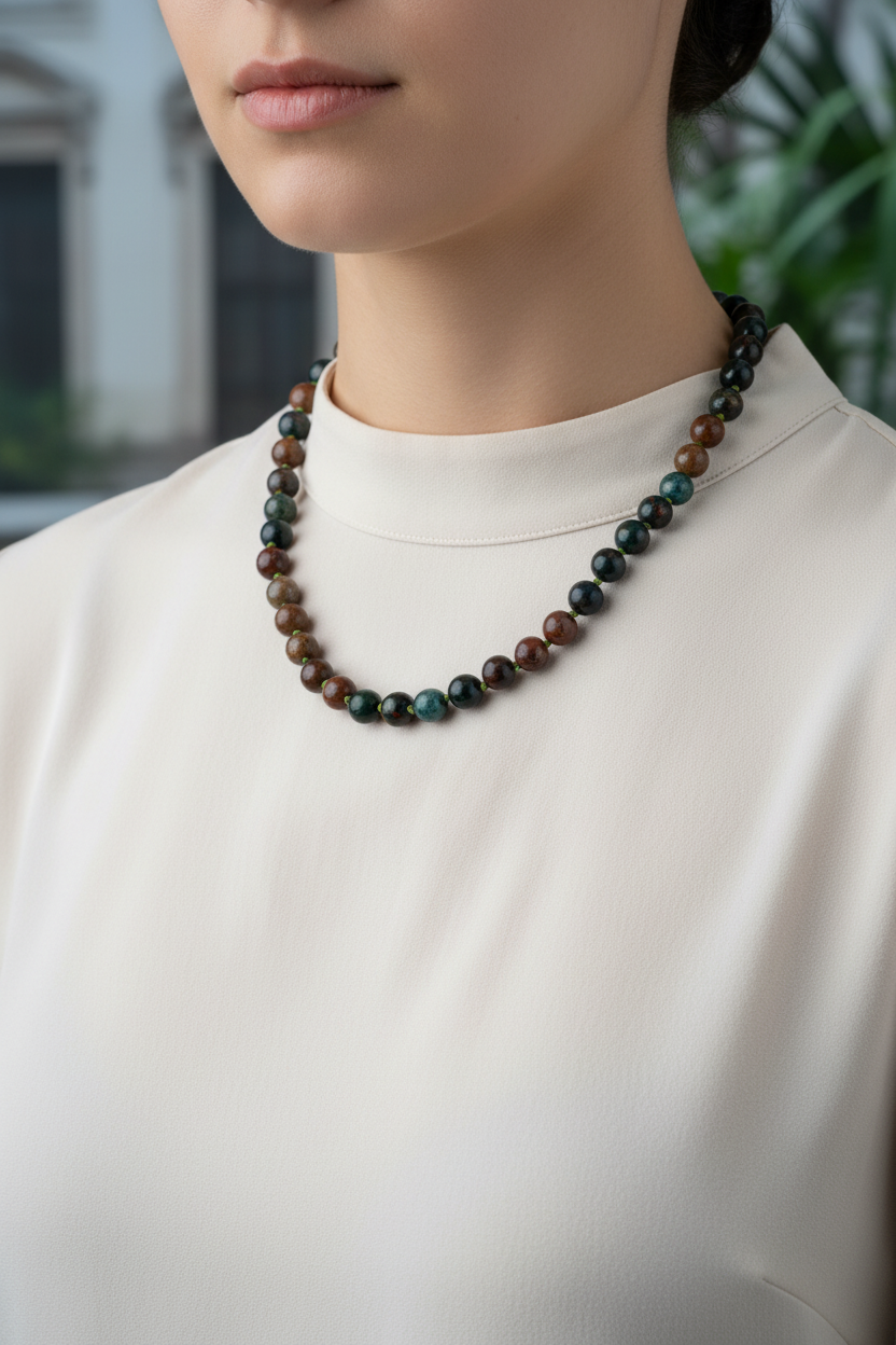 Hint Akiği Doğal Taş Kolye – 8 mm Düğümlü, Unisex Tasarım