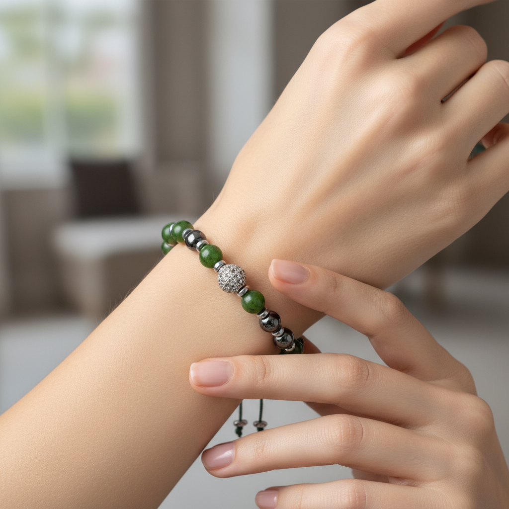Yeşim, Hematit Zirkon Aparat Doğal Taş Makrome Bileklik