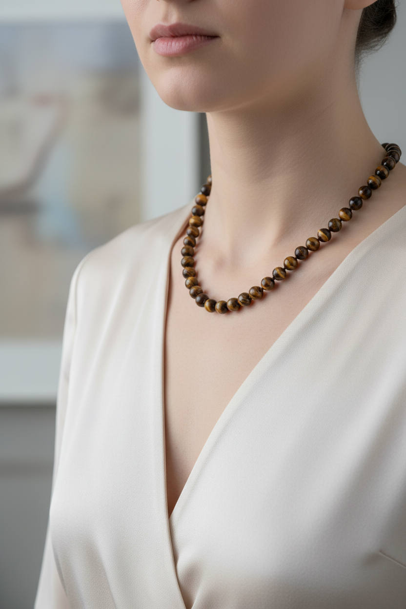 Kaplan Gözü Doğal Taş Kolye – 8 mm Düğümlü, Unisex Tasarım