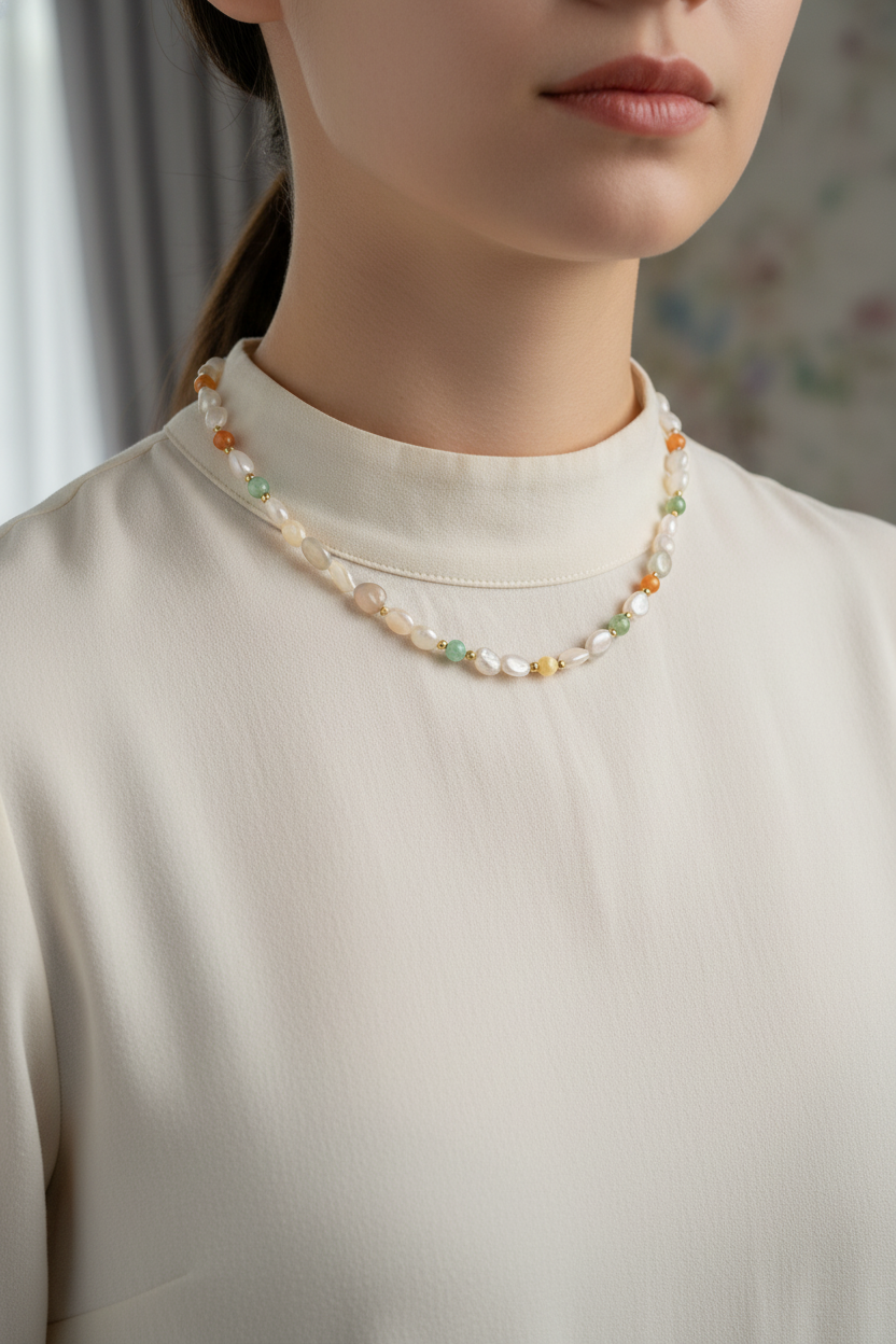 Ay Taşı, Turuncu Aventurin, Yeşim, Aragonit & Amazonit Doğal Taş Kolye – Özel Tasarım