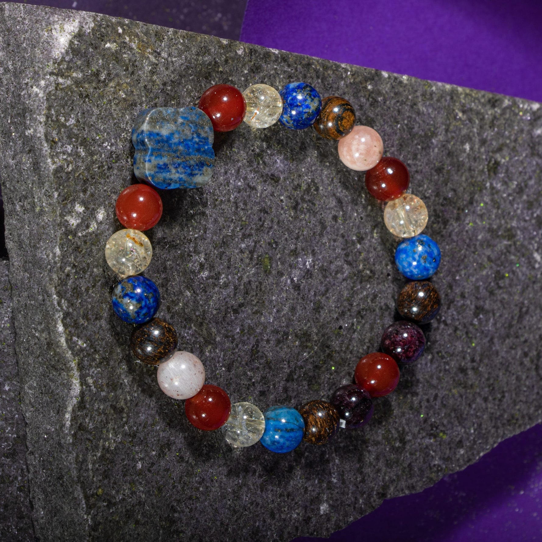 Aslan Burcu Bileklik Bordo Granat Lal, Bronzit, Güneş Taşı, Kırmızı Akik, Lapis Lazuli, Sitrin