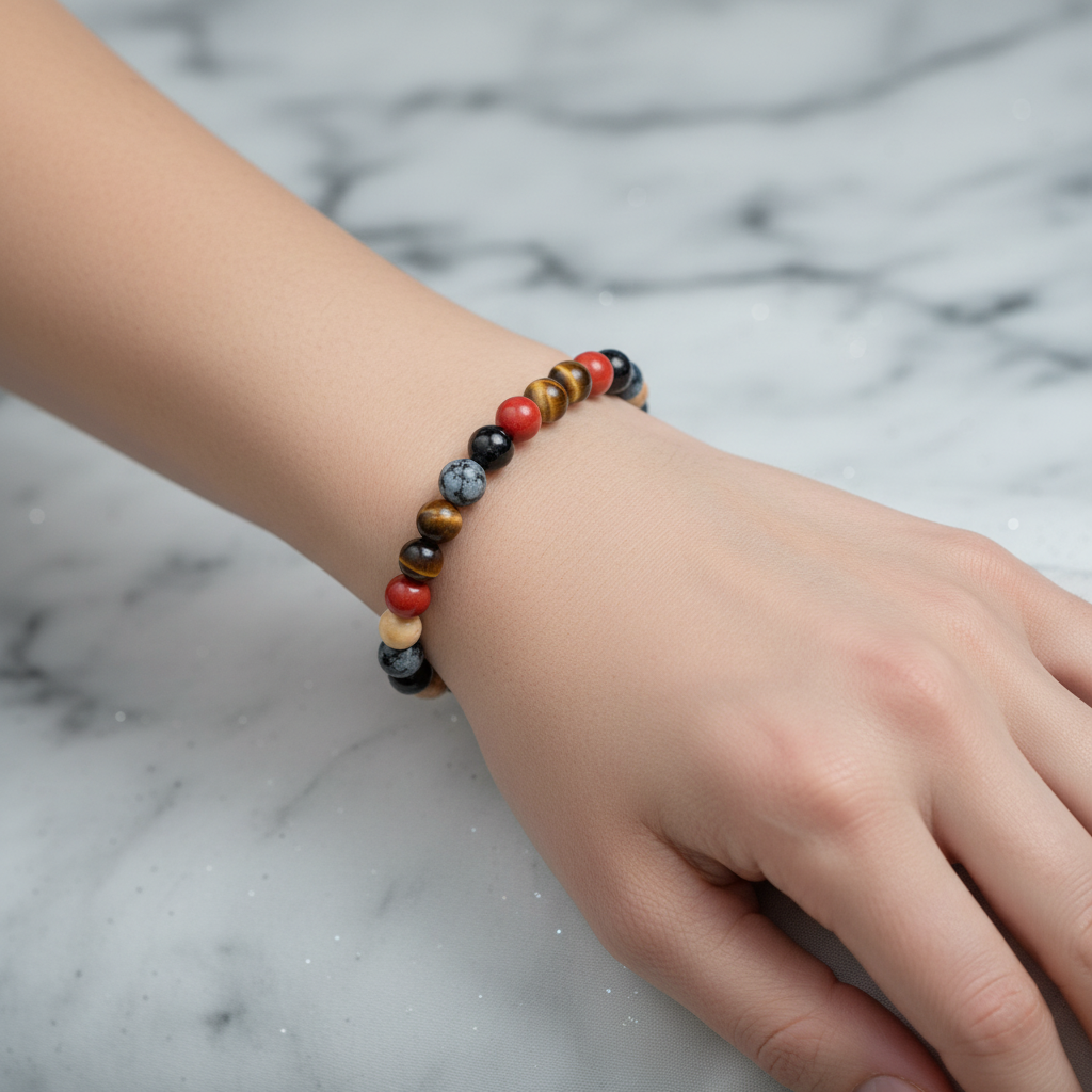 Oğlak Burcu Doğal Taş Bileklik – Dumanlı Kuvars, Dumortierit, Golden Obsidyen, Jasper & Kaplan Gözü