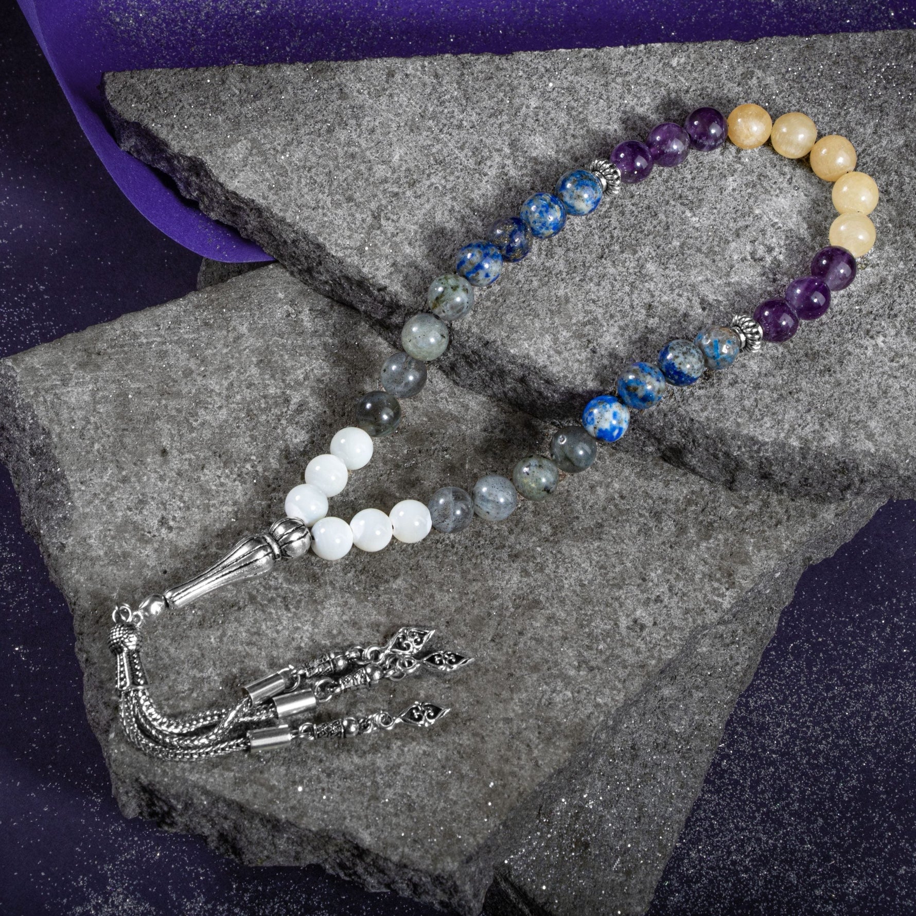 Yay Burcu Tesbih Ametist, Kalsit, Labradorit, Lapis Lazuli, Sedef