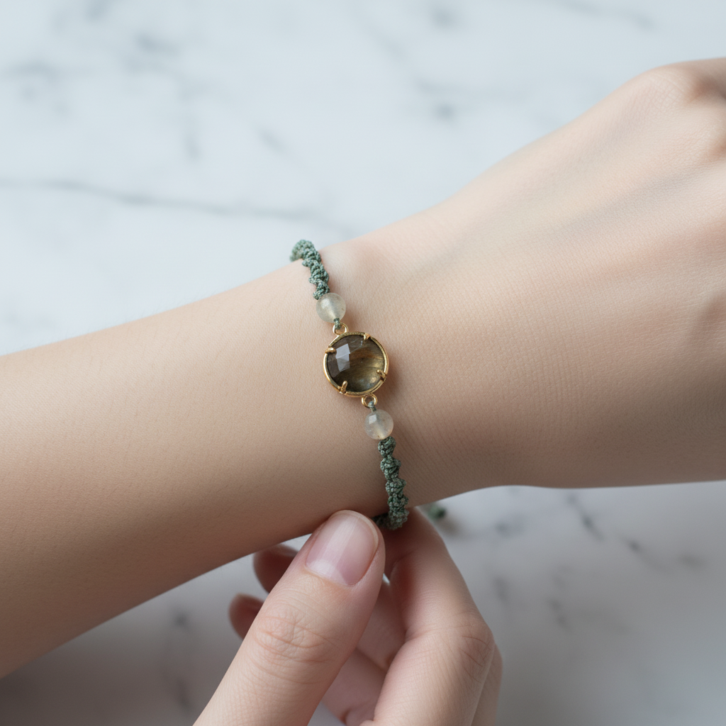 Labradorit – Prehnit Doğal Taş Makrome Bileklik – Özel Tasarım