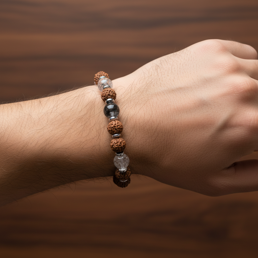 Rutilli Kuvars, Rudraksha ve Hematit Doğal Taş Bileklik – Unisex Şık Tasarım