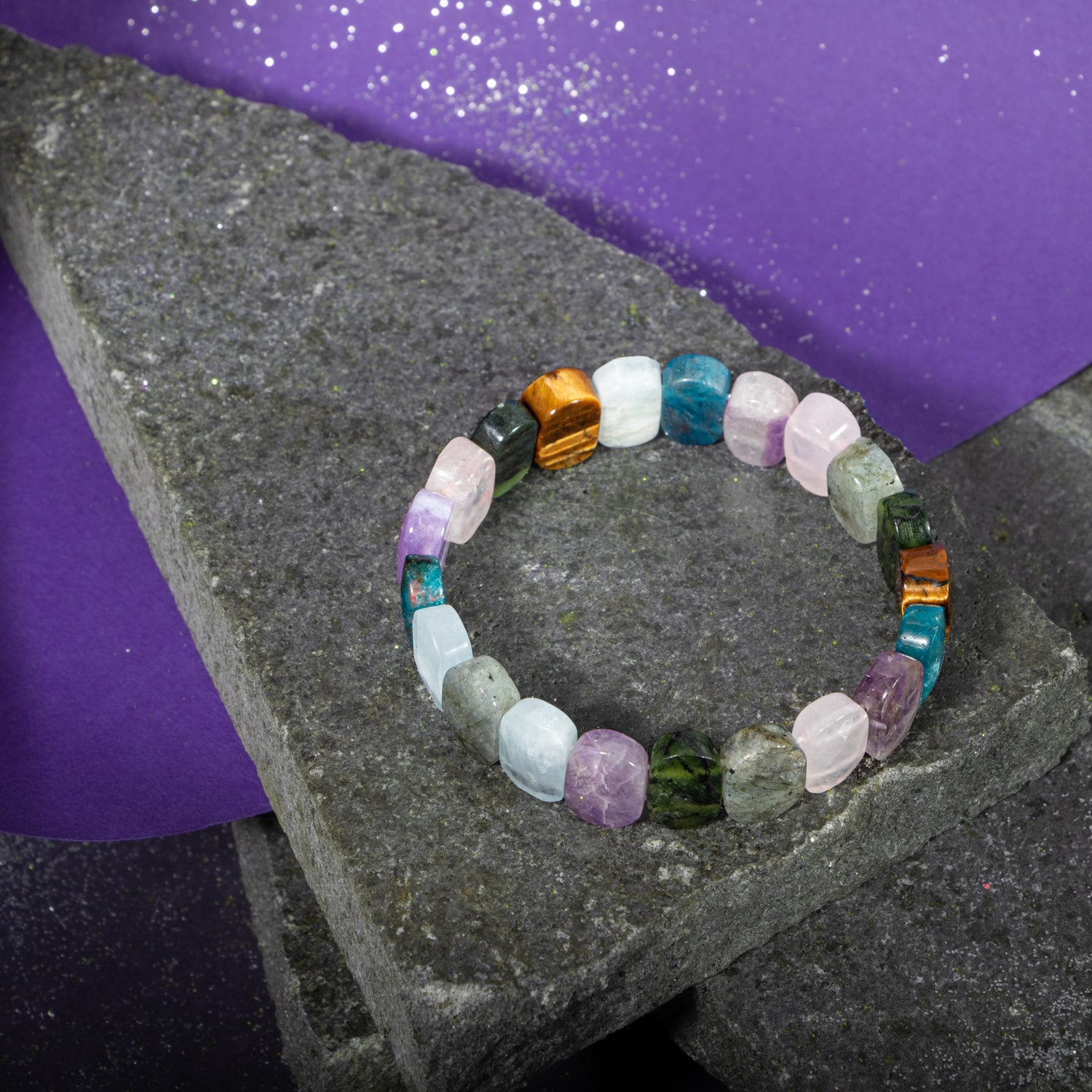 Balık Burcu Bileklik Akuamarin, Ametist, Kaplan Gözü, Labradorit, Mavi Apatit, Pembe Kuvars, Yeşim