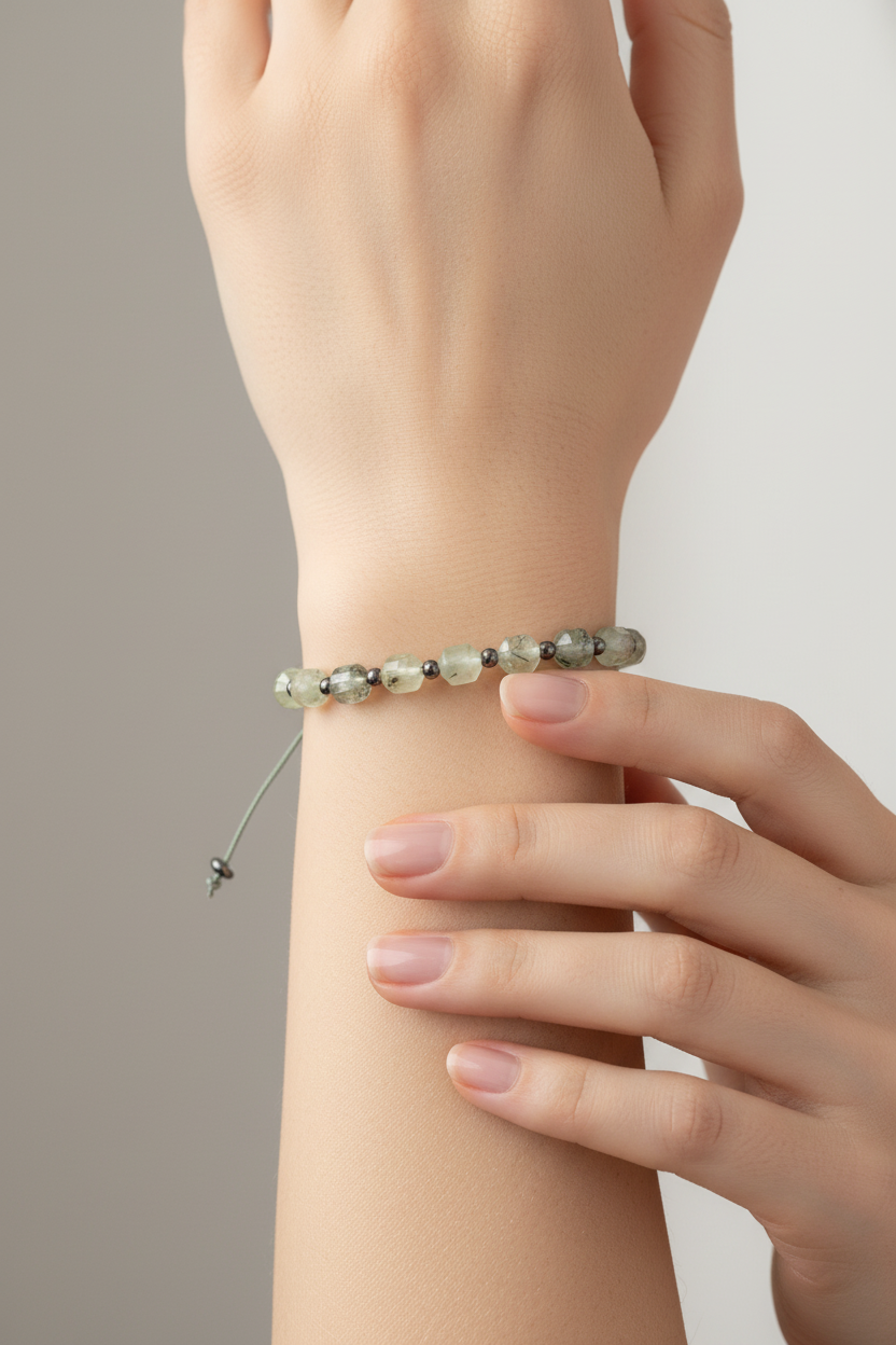 Sertifikalı Prehnit Doğal Taş Makrome Örme Bileklik | Pirtash | Özel Üretim