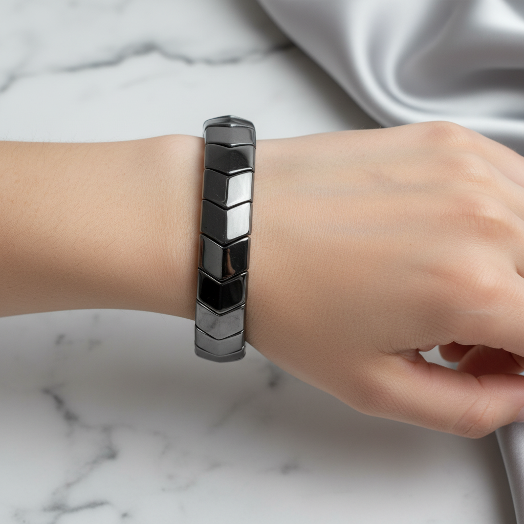 Hematit Doğal Taş Balık Sırtı Geniş Kesim Bileklik – Unisex El İşçiliği