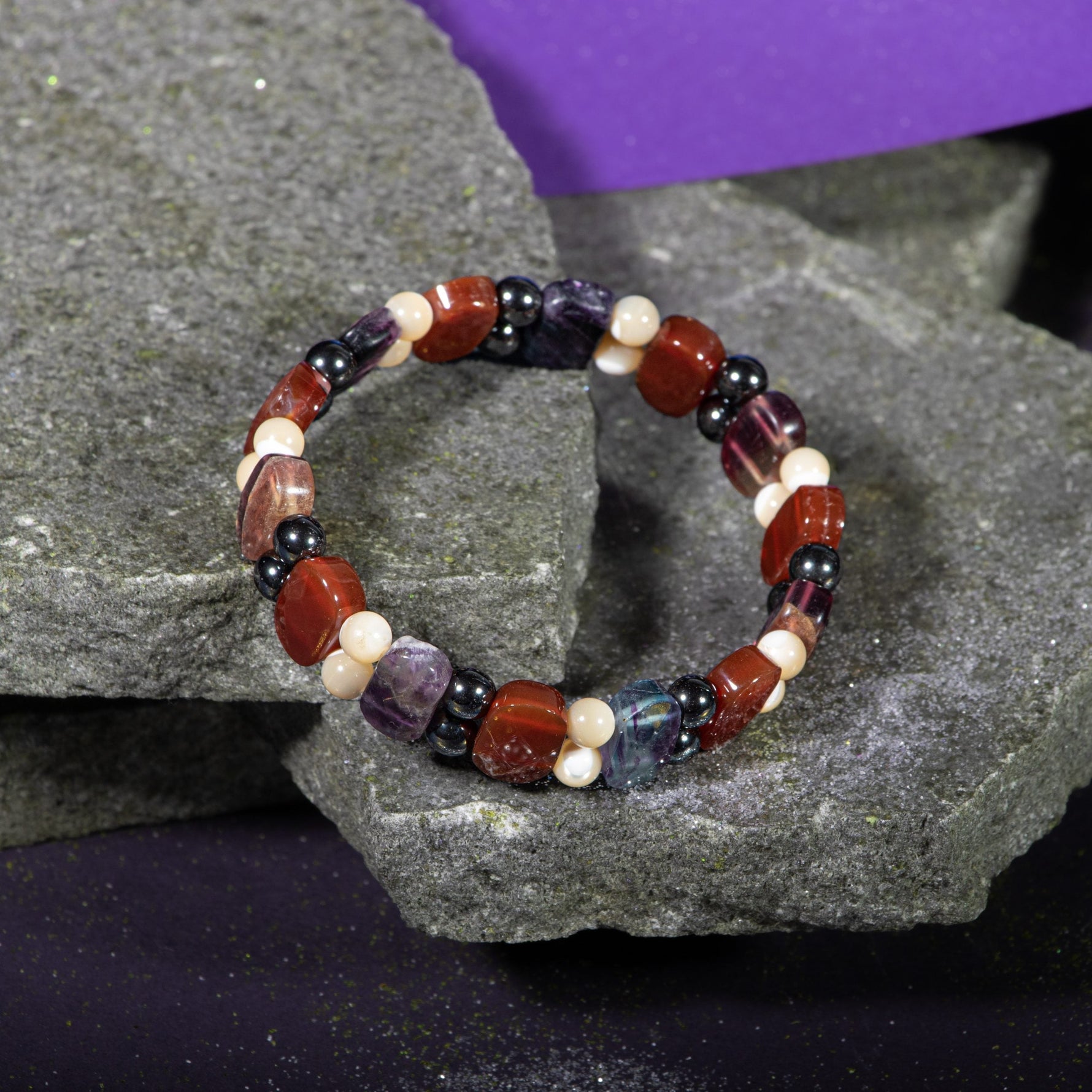 Kova Burcu Bileklik Hematit, Kırmızı Akik, Sedef, Mor Florit