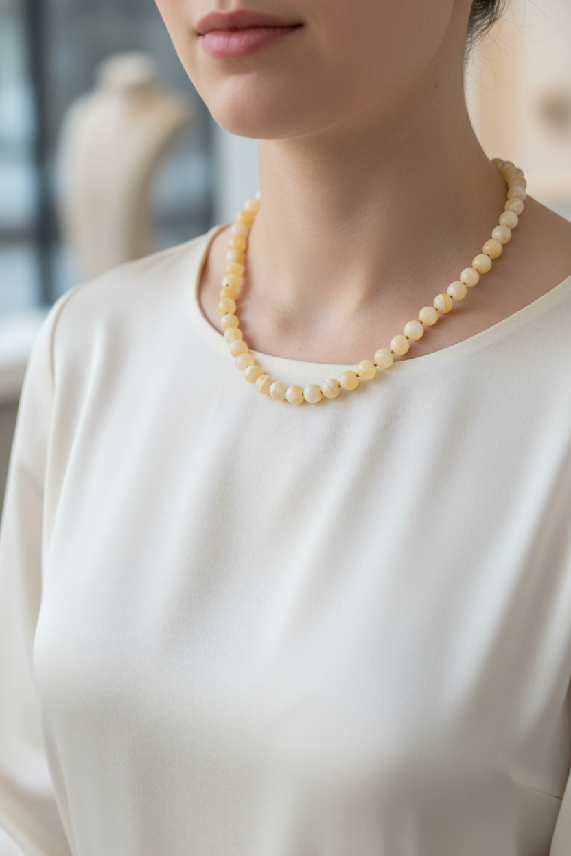 Aragonit Doğal Taş Kolye – 8 mm Düğümlü, Unisex Tasarım