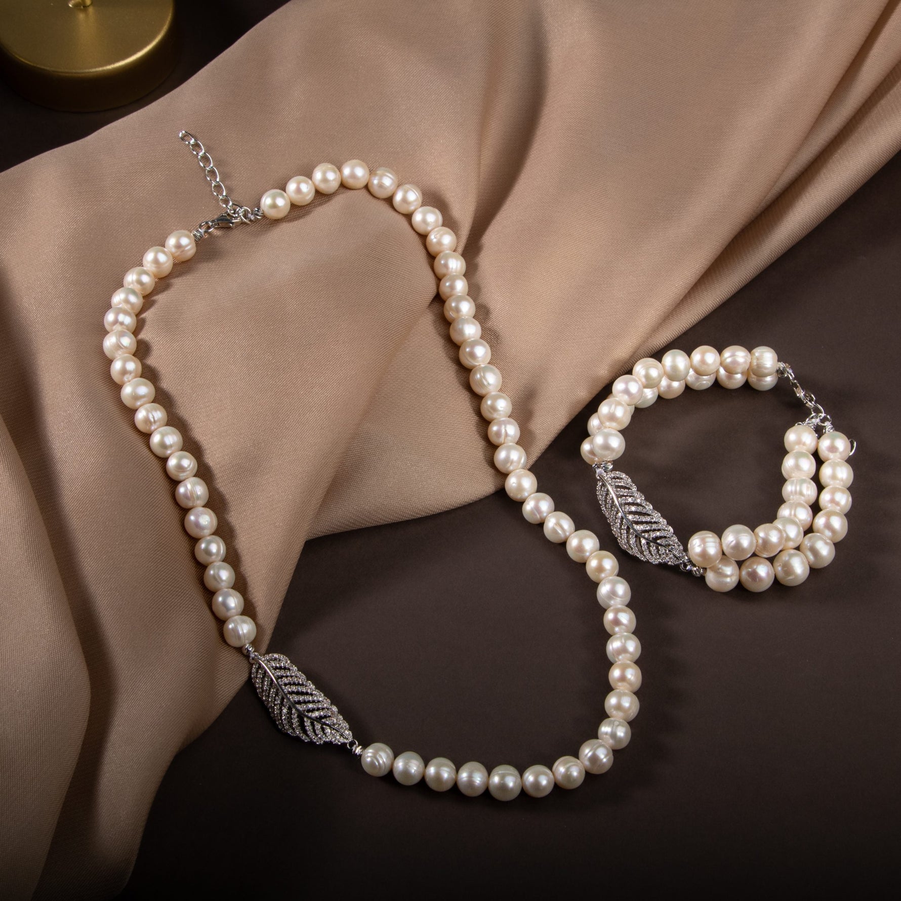 İnci Doğal Taş Gümüş Yaprak Model Takı Seti