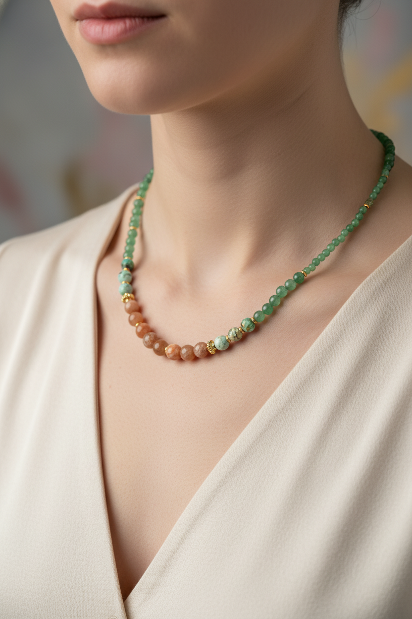 İspanyol Varisit, Güneş Taşı & Yeşil Aventurin Doğal Taş Altın Kaplama Kolye – Özel Tasarım