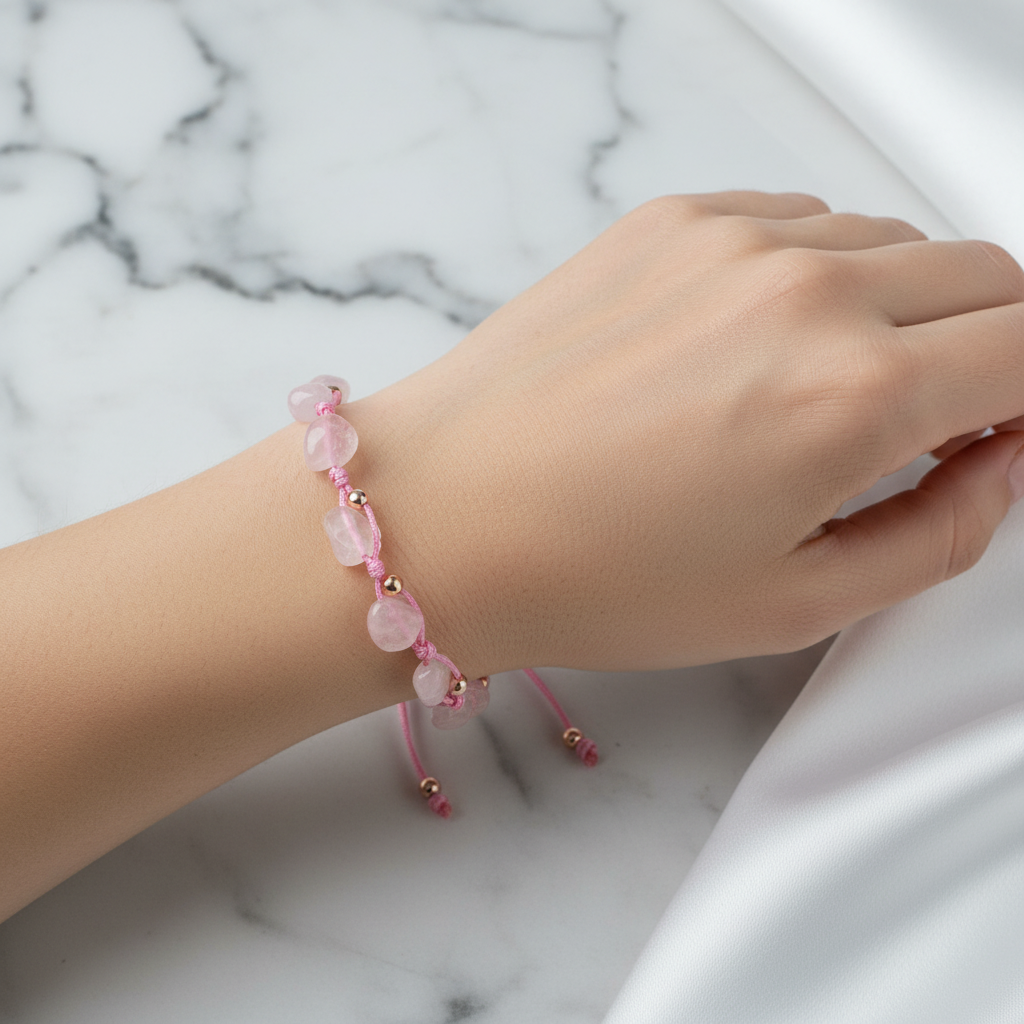 Pembe Kuvars (Gül Kuvars) Natürel Kesim Doğal Taş Makrome Bileklik – Unisex El İşçiliği