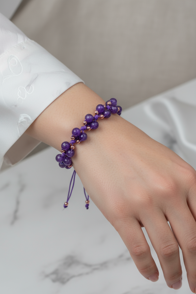 Ametist Doğal Taş Fasetli Kesim Bileklik – Ayarlanabilir İpli Tasarım