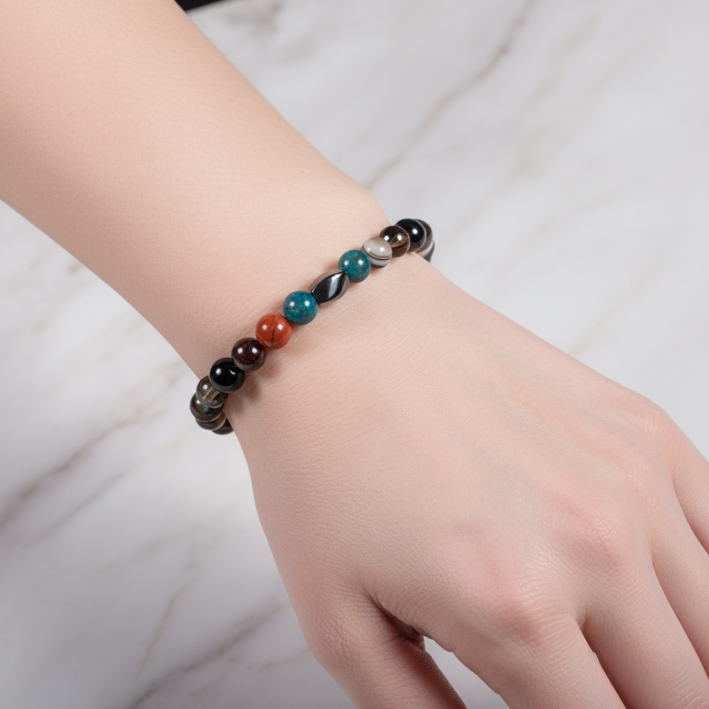 Başak Burcu Doğal Taş Bileklik – Granat Lal, Dumanlı Kuvars, Obsidyen, Jasper, Mavi Apatit & Siyah Göz Akik