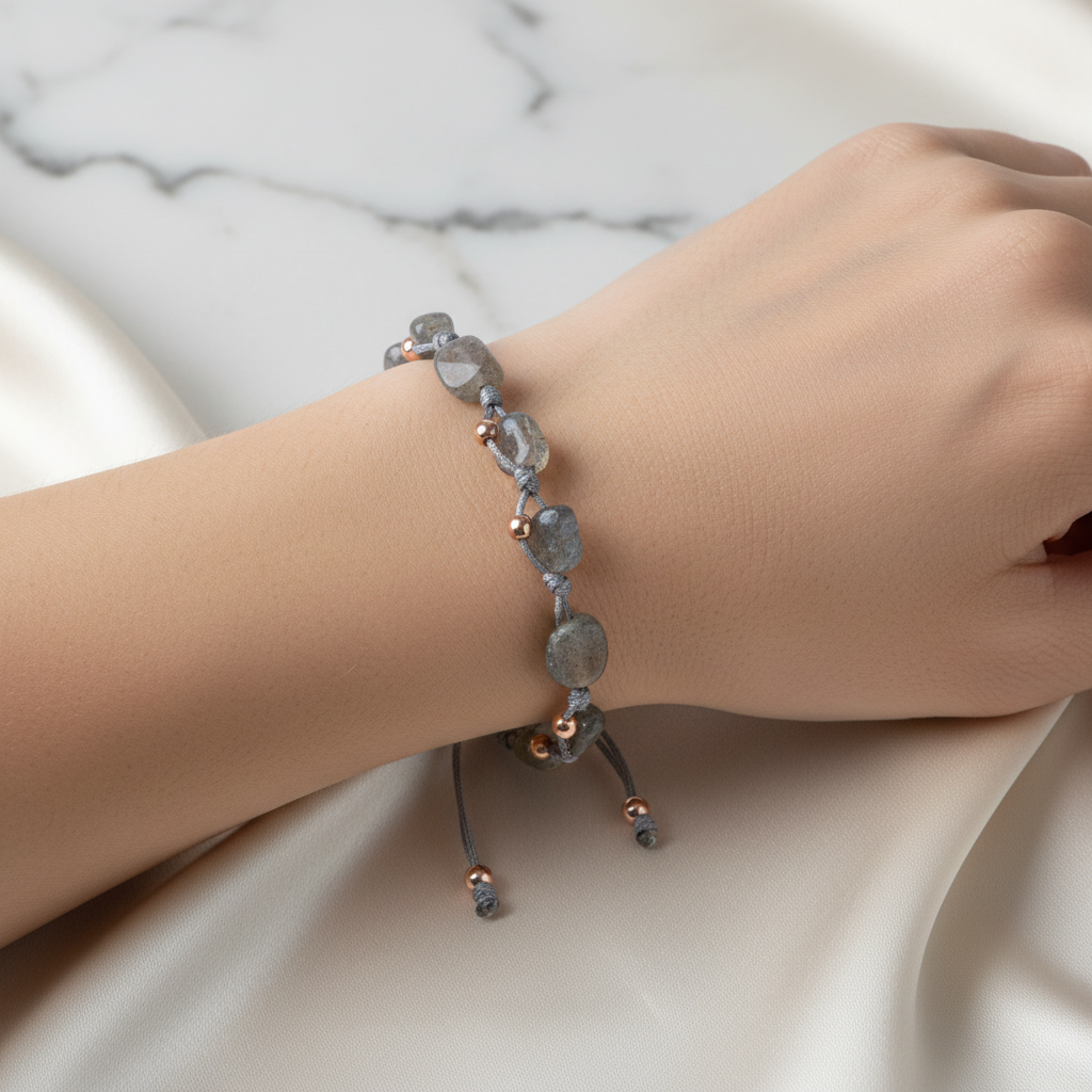 Labradorit Natürel Kesim Doğal Taş Makrome Bileklik – Unisex El İşçiliği
