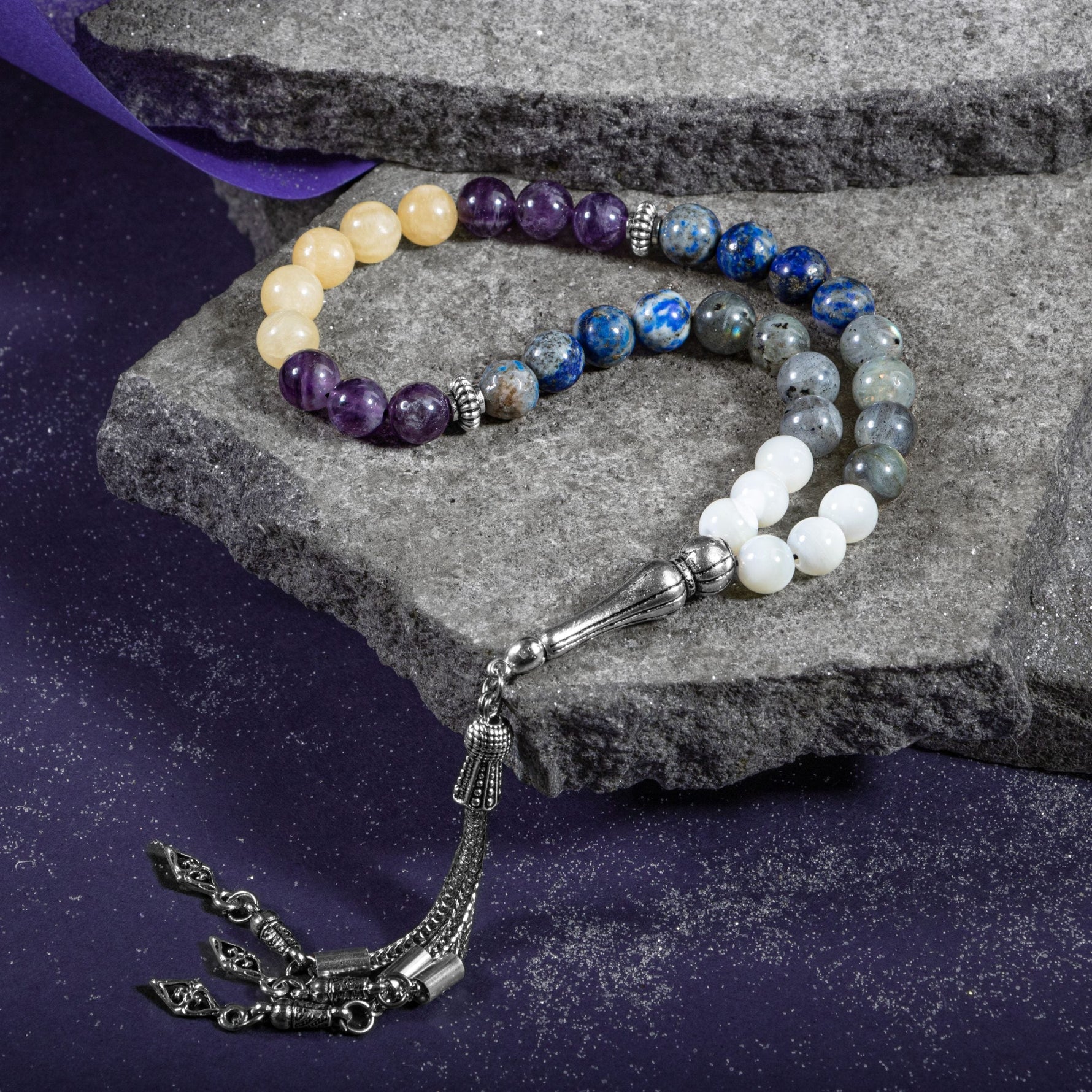 Yay Burcu Tesbih Ametist, Kalsit, Labradorit, Lapis Lazuli, Sedef