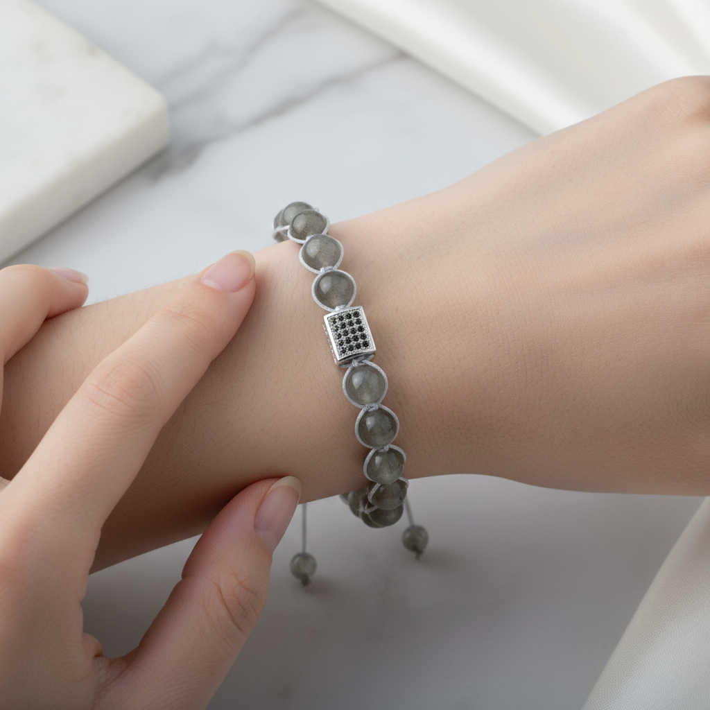 Labradorit ve Zirkon Doğal Taş Bileklik – Unisex Şık Tasarım