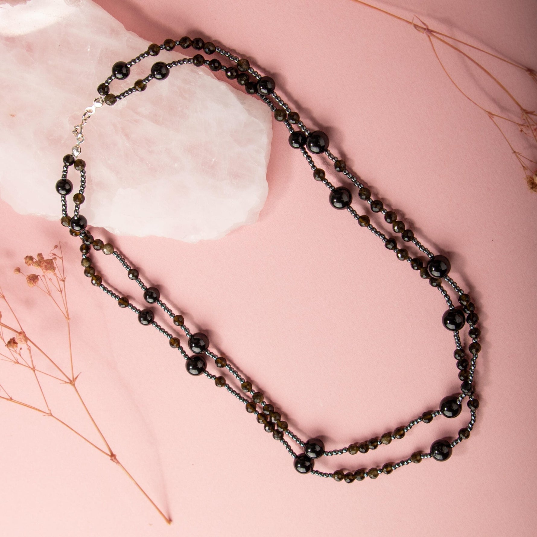 Siyah Turmalin-Obsidyen Doğal Taş Gümüş Kolye