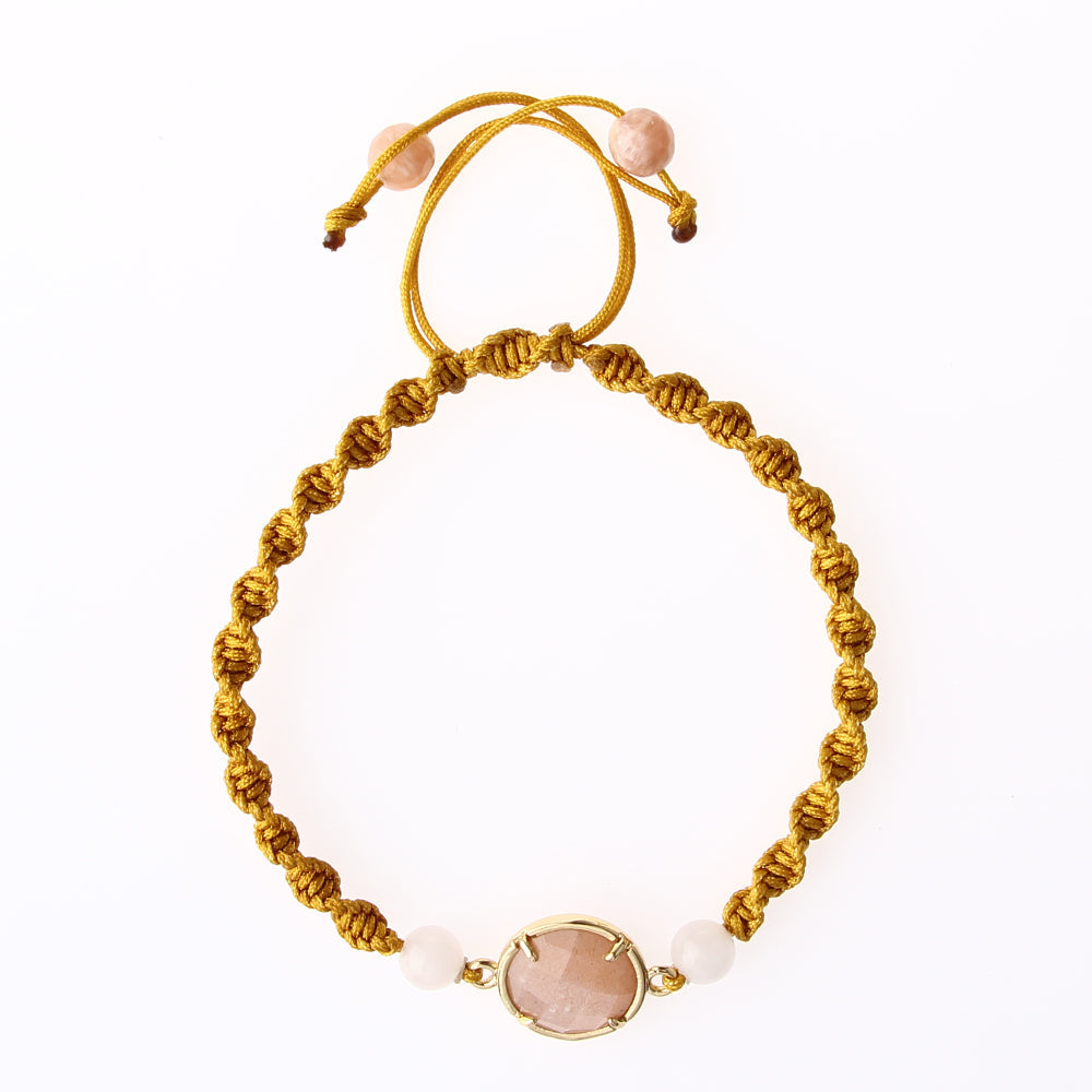 Güneş Taşı-Pembe Kuvars Doğal Taş Makrome Örgü Bileklik