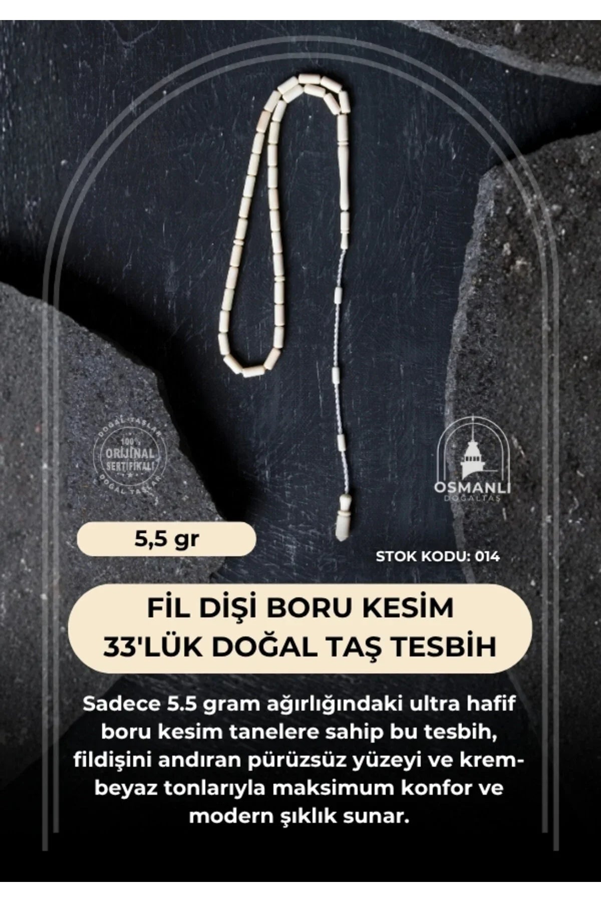 Sertifikalı Fil Dişi Boru Kesim 33'lük Doğal Taş Tesbih