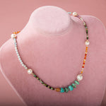 İnci-Amazonit-Turuncu Aventurin-Karnelyan Akik-Akuamarin-Renkli Turmalin-Krizopras Doğal Taş Kolye