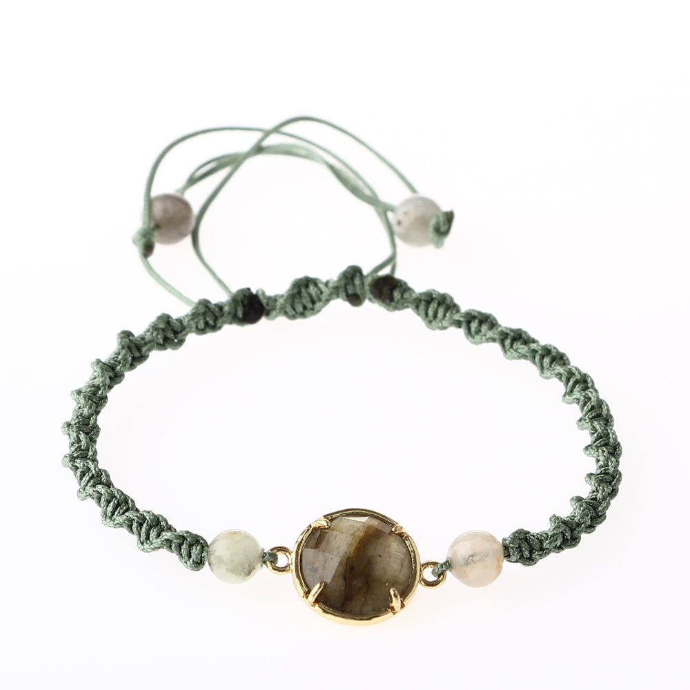 Labradorit-Prehnit Doğal Taş Makrome Örgü Bileklik
