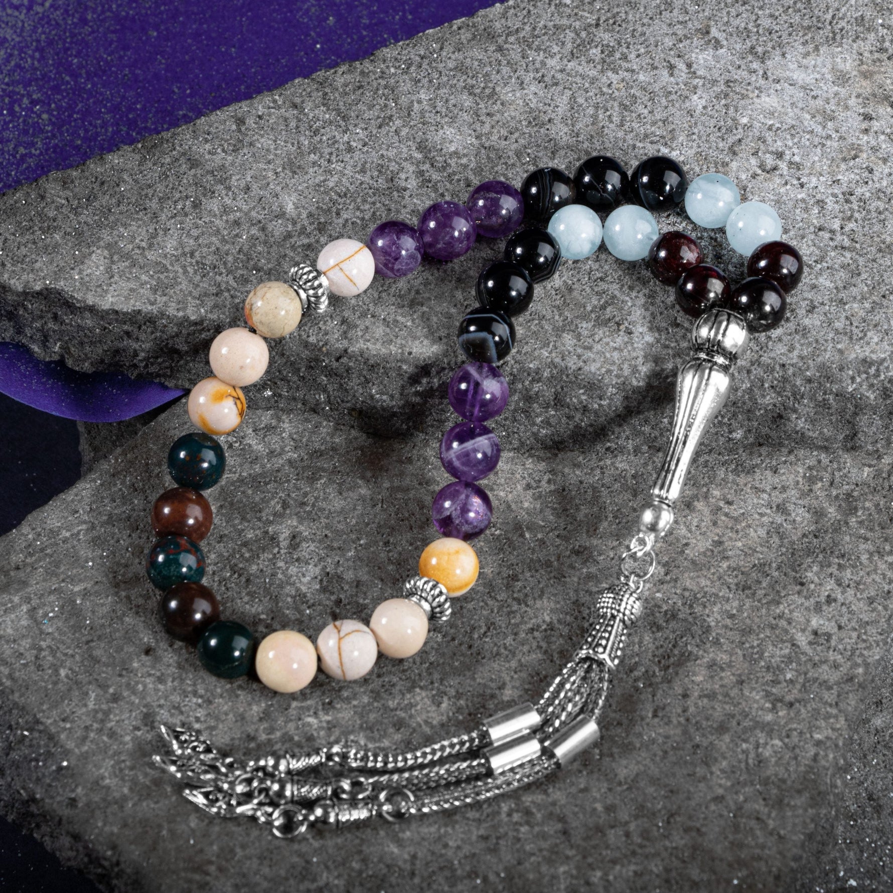 Koç Burcu Tesbih Akuamarin, Ametist, Bordo Granat Lal, Kan Taşı, Sarı Jasper, Siyah Göz Akik