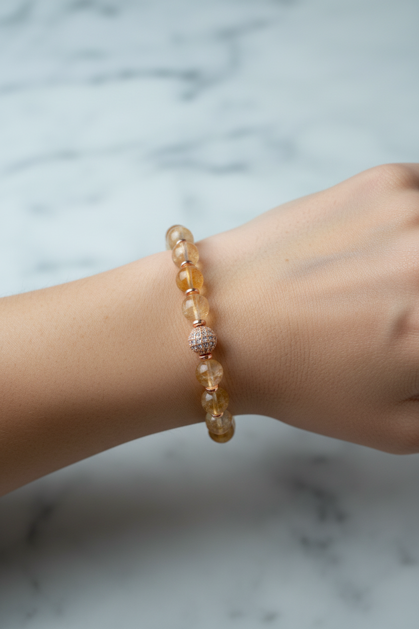 Sitrin ve Hematit Doğal Taş Bileklik – Zirkon Aparatlı, 8 mm Unisex Tasarım